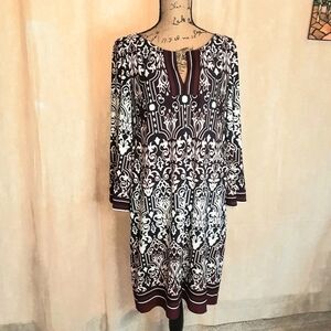 Navy & Burgundy Shift Dress, Split Neck 3/4 Flared Sleeve